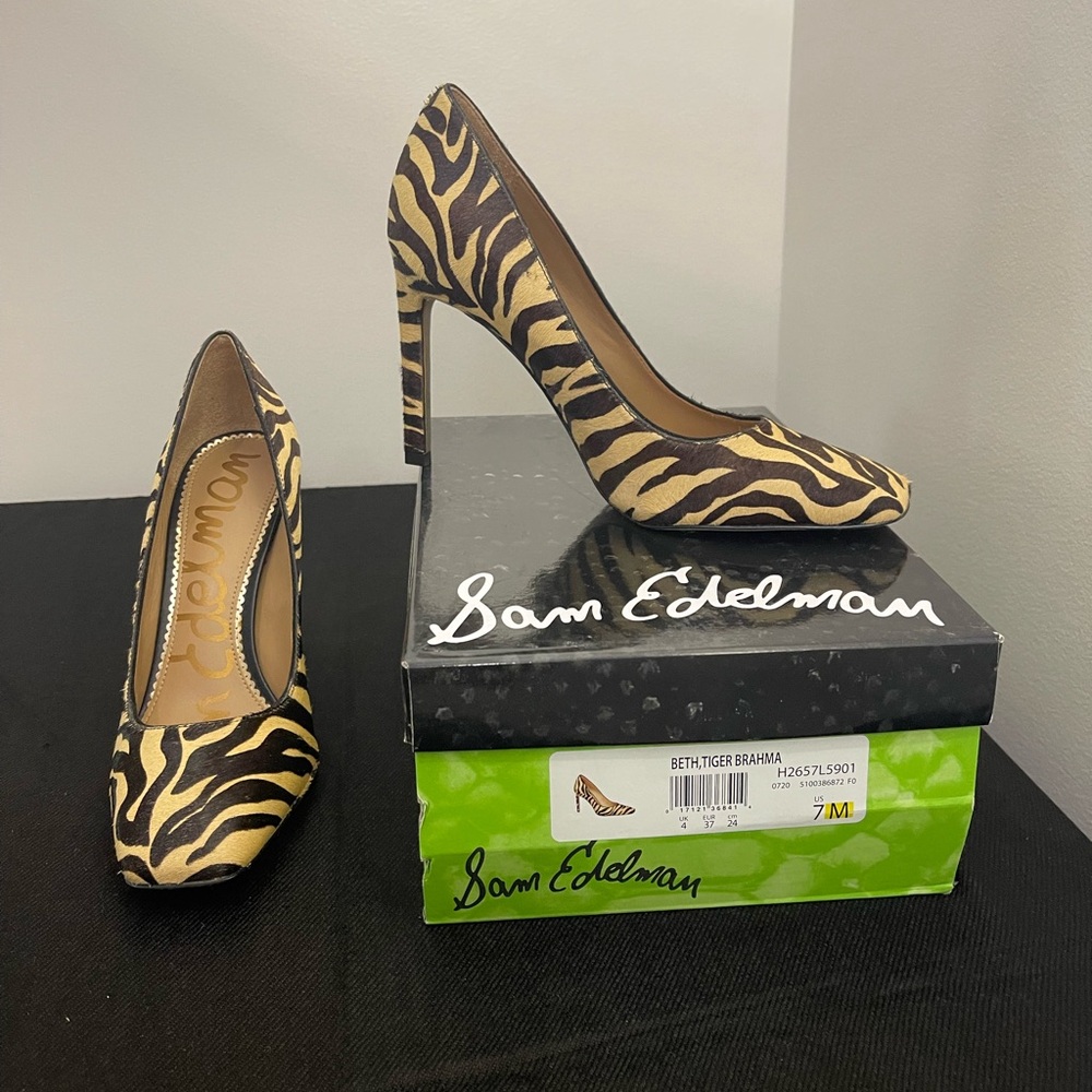 Sam Edelman Beth Square-Toe Pump Dark Brown/Tan Tiger Stripe Cow Fur